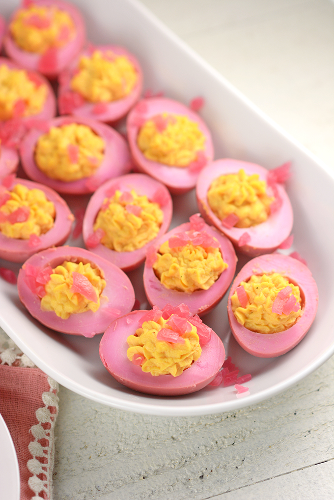 Deviled Pickled Red Beet Eggs on Serving Tray