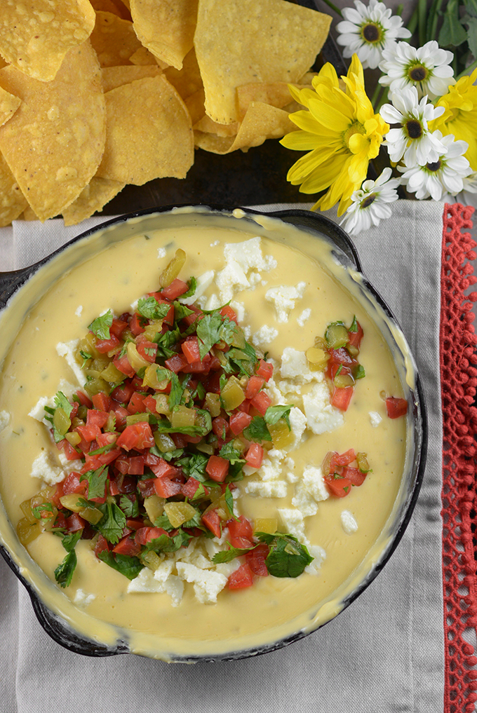 Overhead shot of Homemade Queso in a skillet