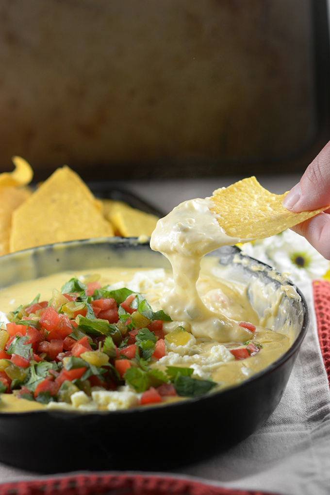 Homemade Queso on a tortilla chip