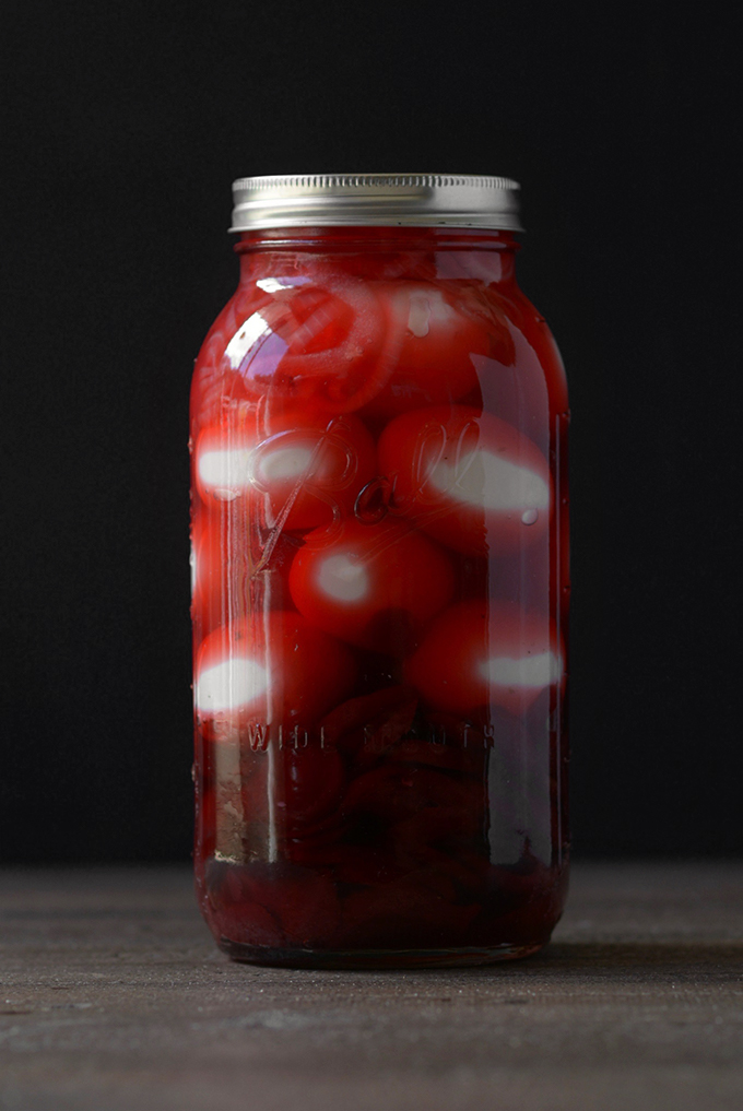 Pickled Red Beet Eggs in a Large Ball Jar