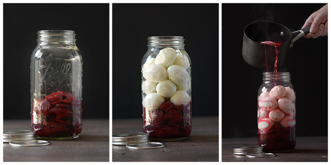 Three Pictures Showing Filling a Jar with with Beets, Eggs, and Syrup