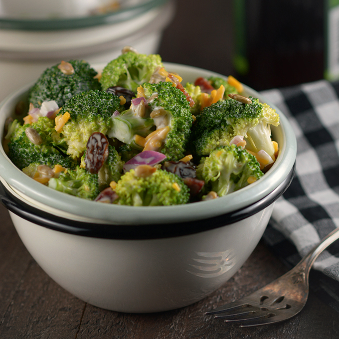 Square Photo of a Bowl of Broccoli Salad