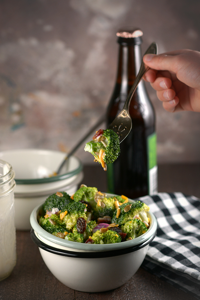 Bite of Broccoli Salad on a Fork