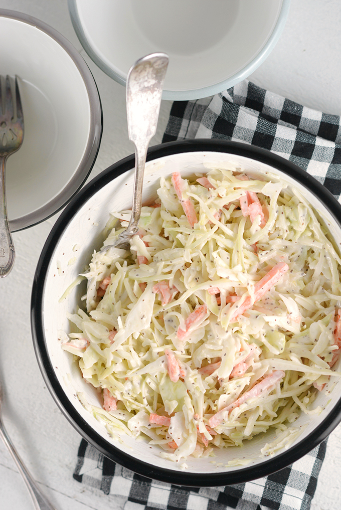 Overhead shot of Homemade Coleslaw in a bowl