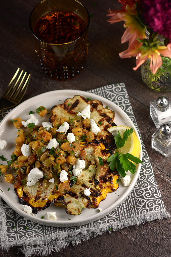 Grilled Patty Pan Squash with Spiced Chickpeas