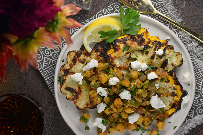 Grilled Patty Pan Squash with Spiced Chickpeas