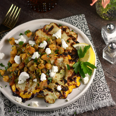 Grilled Patty Pan Squash with Spiced Chickpeas