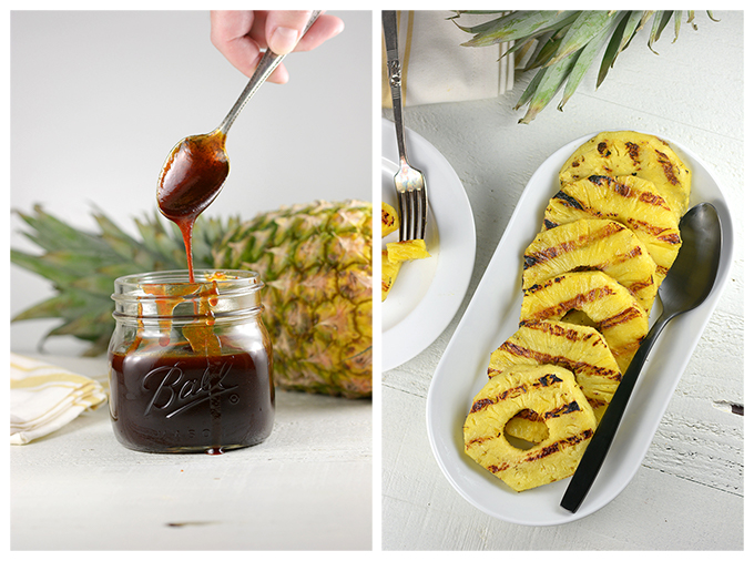 A mason jar of Hawaiian chili garlic pineapple barbecue sauce and a plate of grilled pineapple