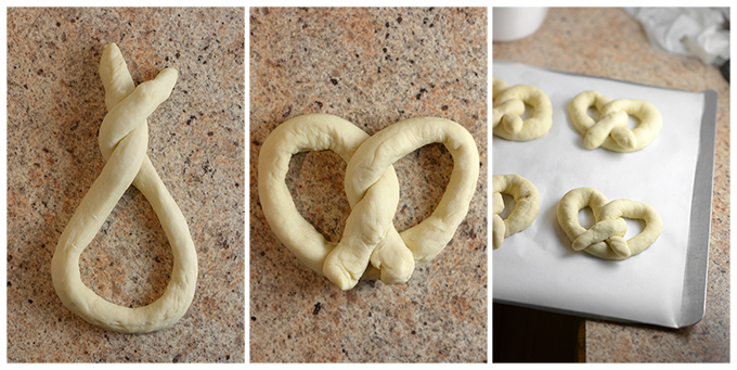 twisting dough to make homemade soft pretzels