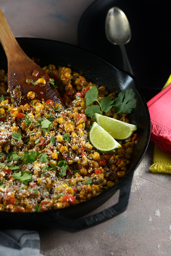 Loaded Skillet Mexican Street Corn in the skillet