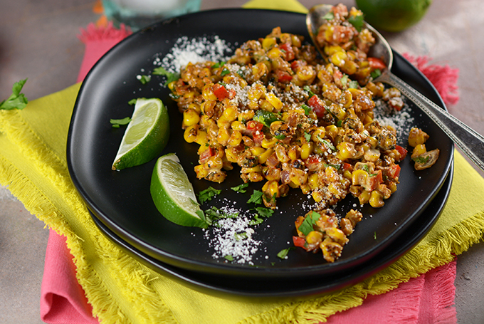 Loaded Skillet Mexican Street Corn on a plate