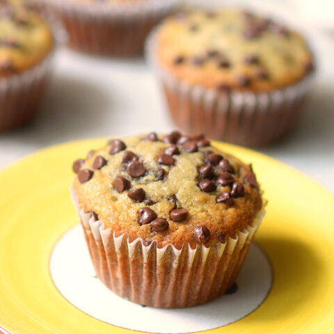 banana chocolate chip muffin on a plate