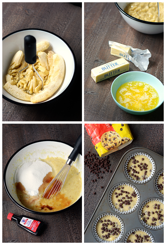 picture steps for making muffins- mash bananas, mix in melted butter, stir in other ingredients, add chocolate chips,