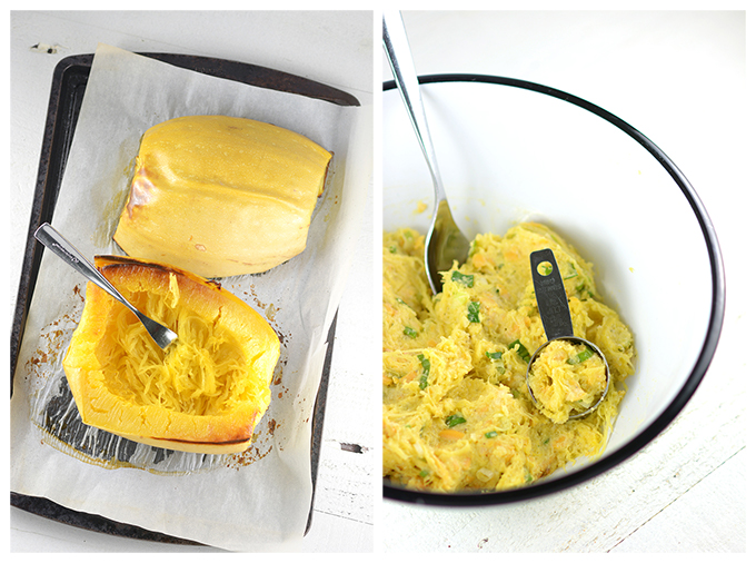 Baked spaghetti squash on a pan fresh out of the oven and a bowl showing the squash mixed into the fritter batter.