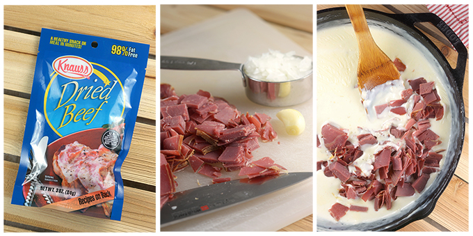 The Photos Showing Preparation of Cream Chipped Beef and Toast- The Beef package, Cutting the Beef, and then Mixing it into the Sauce 